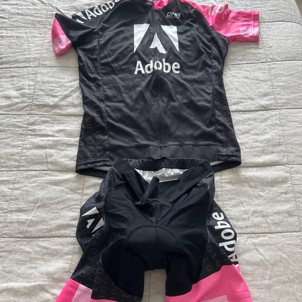 Women’s Adobe Cycling Jersey and padded shorts size S Black and Pink